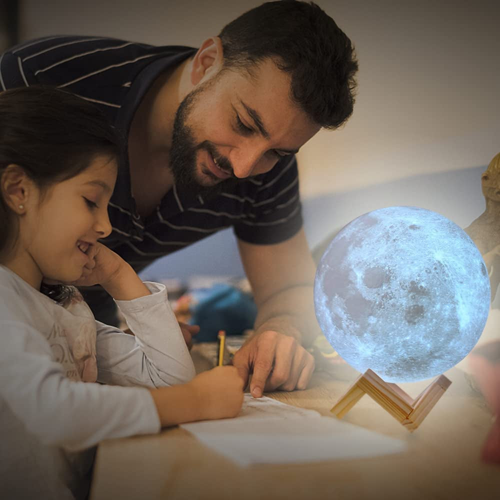 Moon Lamp 2023 Upgrade with Timing- 3D Printing Moon Night Light for Kids Adults Bedroom Space Decor Cool Gifts for Girls Boys- Wooden Stand & Remote/Touch Control 4.8 Inch (Small)